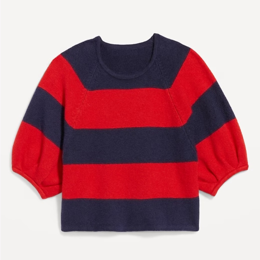 Old Navy SoSoft Cropped Puff-Sleeve Sweater size SM striped red blue - Picture 2 of 9